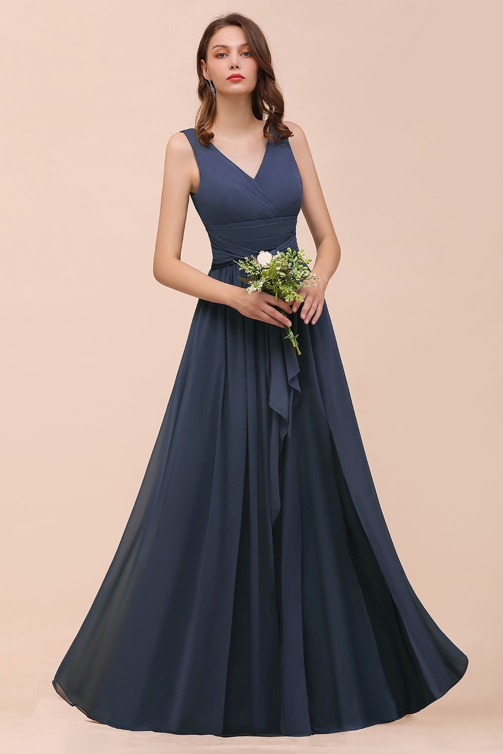 Affordable V-Neck Chiffon Long Stormy Bridesmaid Dress With Slit-27dress