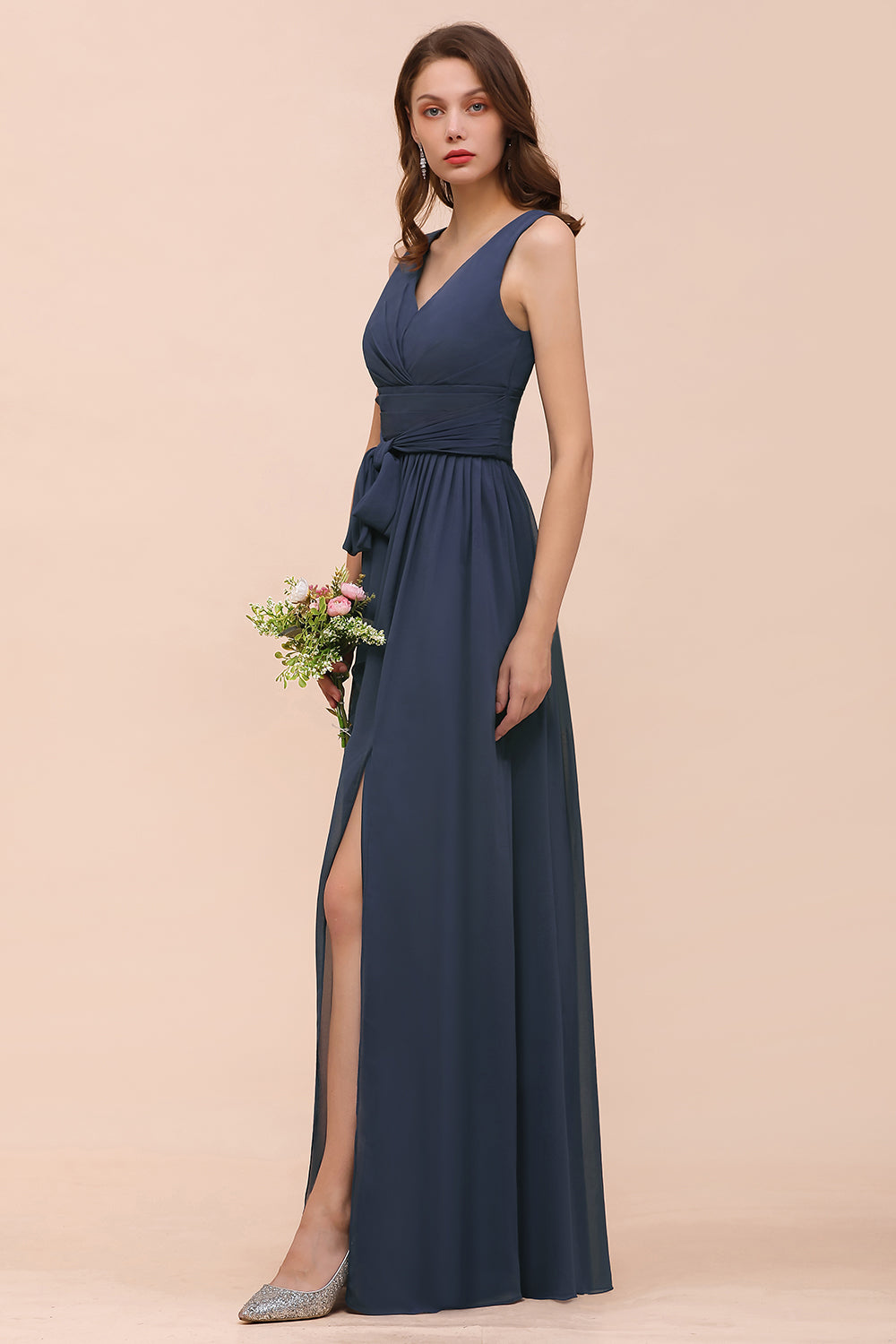 Affordable V-Neck Chiffon Long Stormy Bridesmaid Dress With Slit-27dress