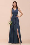 Affordable V-Neck Chiffon Long Stormy Bridesmaid Dress With Slit-27dress