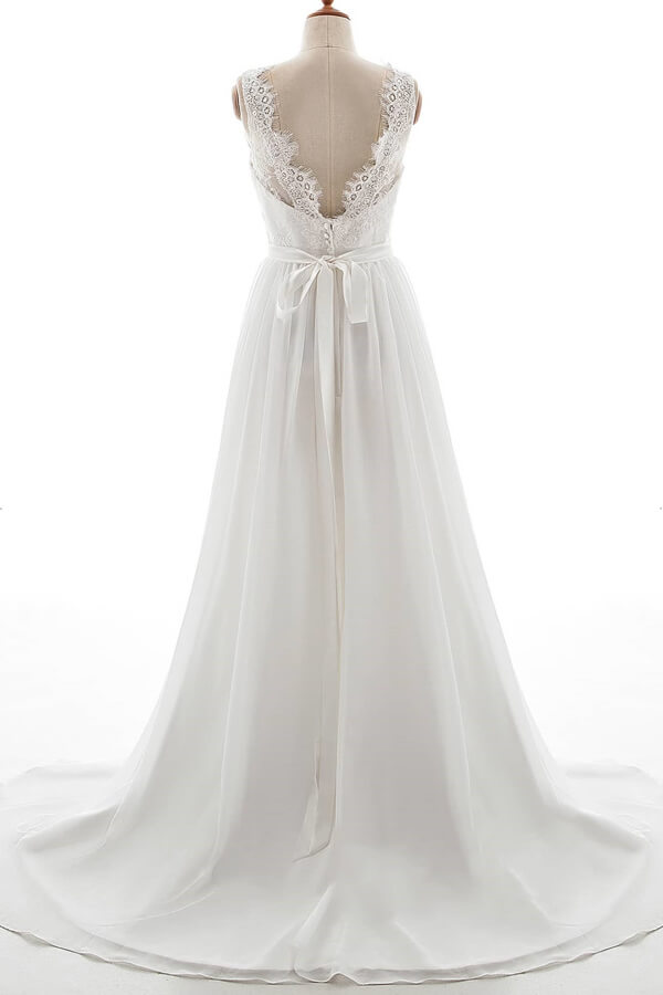 Affordable V-neck Lace Chiffon A-line Wedding Dress On Sale-27dress