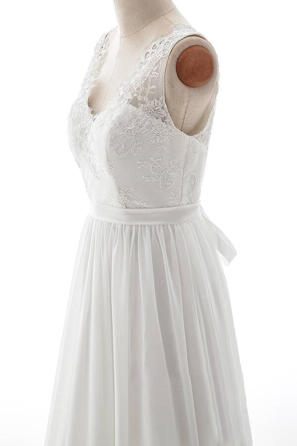 Affordable V-neck Lace Chiffon A-line Wedding Dress On Sale-27dress