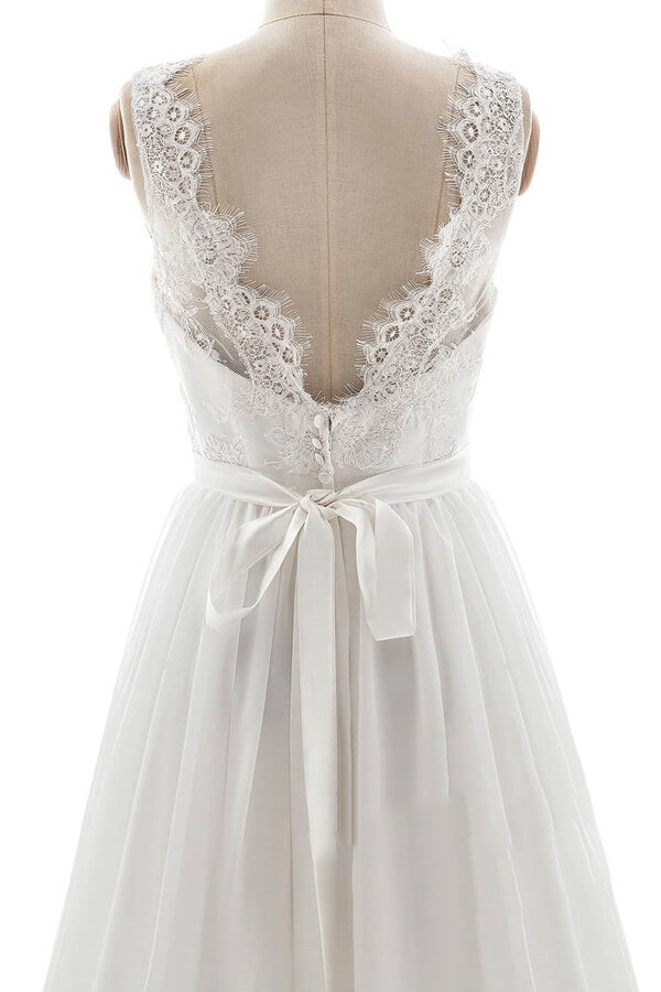 Affordable V-neck Lace Chiffon A-line Wedding Dress On Sale-27dress