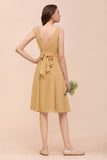 Affordable V-Neck Ruffle Gold Short Bridesmaid Dresses with Bow-27dress