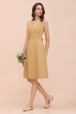 Affordable V-Neck Ruffle Gold Short Bridesmaid Dresses with Bow-27dress