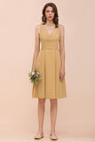 Affordable V-Neck Ruffle Gold Short Bridesmaid Dresses with Bow-27dress