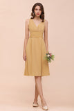 Affordable V-Neck Ruffle Gold Short Bridesmaid Dresses with Bow-27dress