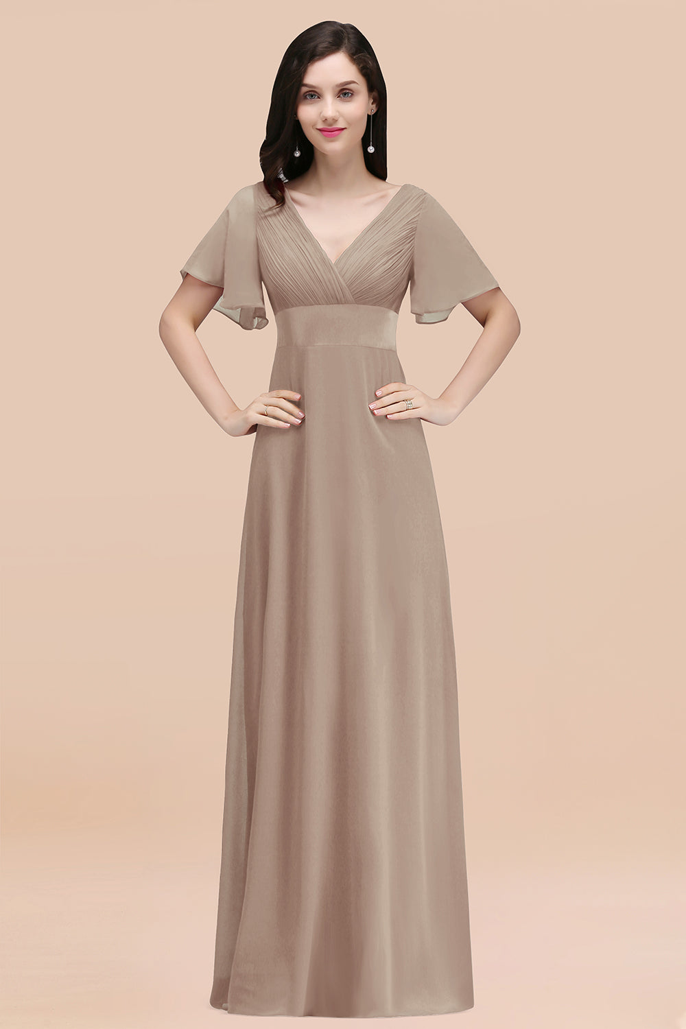 Affordable V-Neck Ruffle Long Burgundy Bridesmaid Dress With Short-Sleeves-27dress