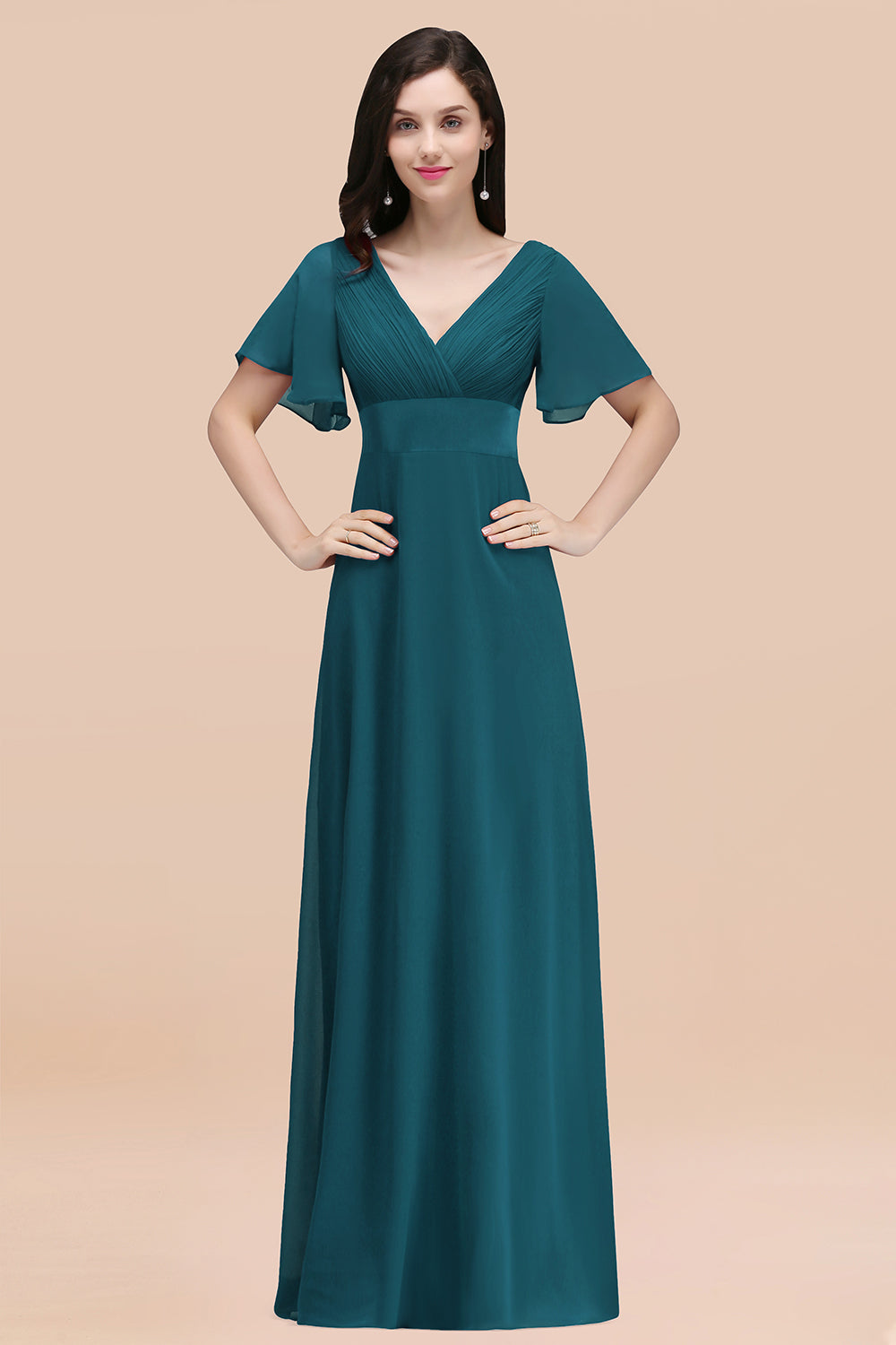 Affordable V-Neck Ruffle Long Burgundy Bridesmaid Dress With Short-Sleeves-27dress