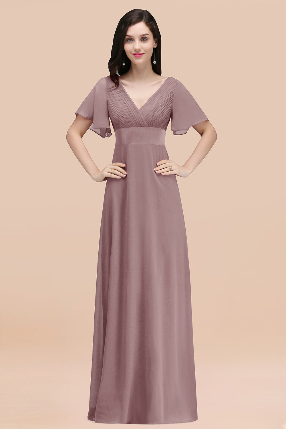 Affordable V-Neck Ruffle Long Burgundy Bridesmaid Dress With Short-Sleeves-27dress