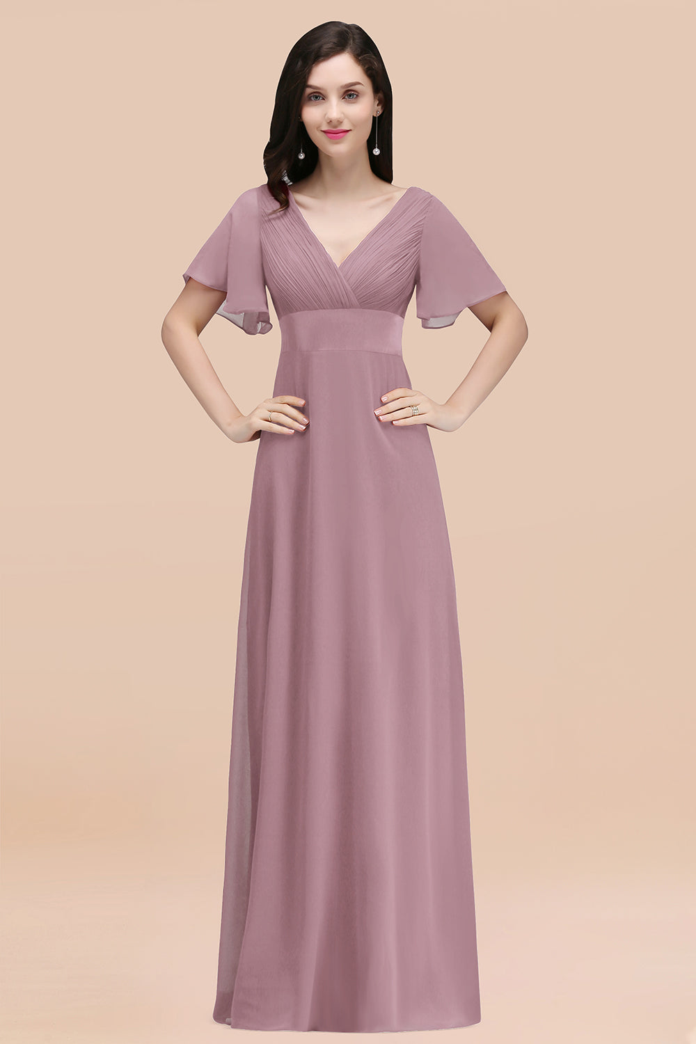 Affordable V-Neck Ruffle Long Burgundy Bridesmaid Dress With Short-Sleeves-27dress