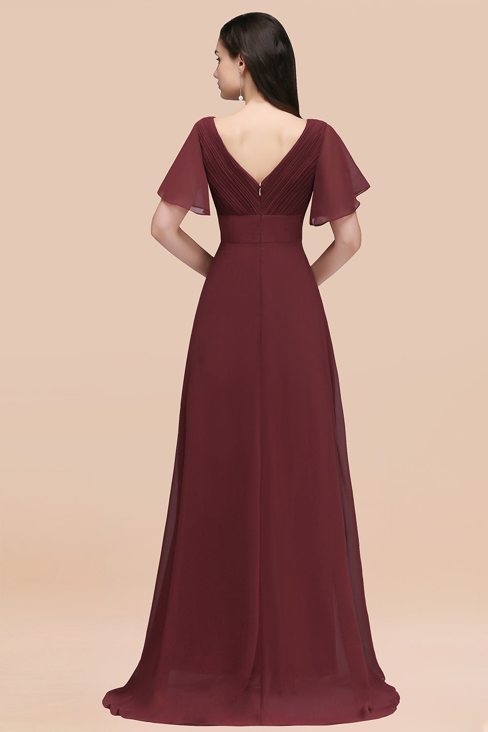 Affordable V-Neck Ruffle Long Burgundy Bridesmaid Dress With Short-Sleeves-27dress