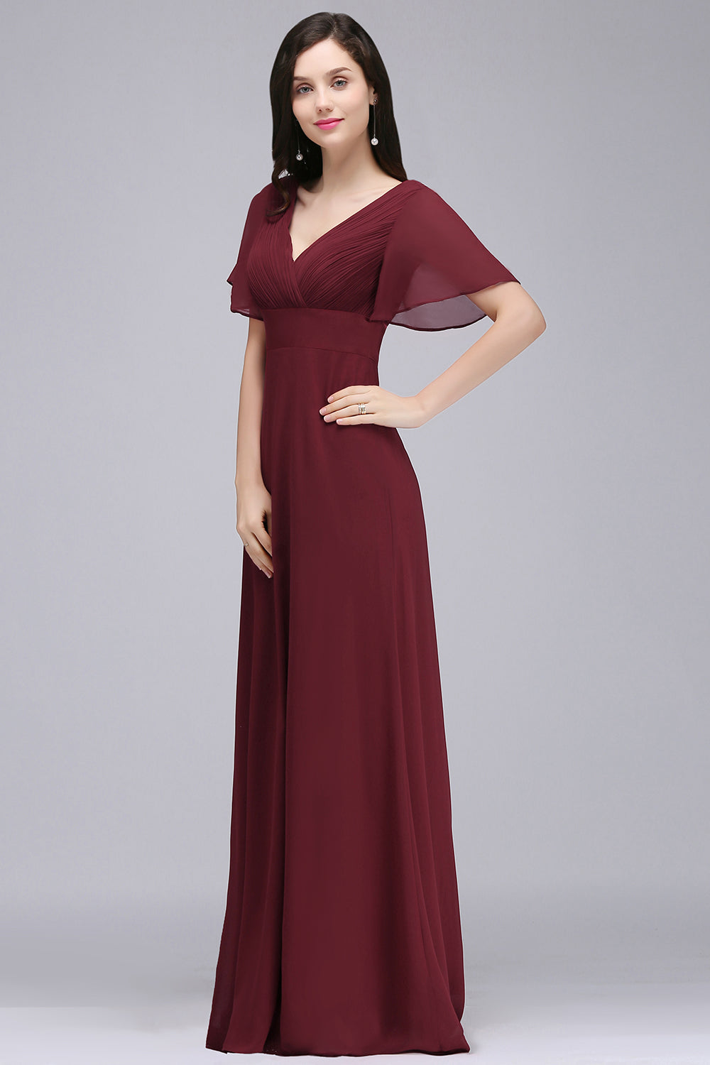 Affordable V-Neck Ruffle Long Burgundy Bridesmaid Dress With Short-Sleeves-27dress