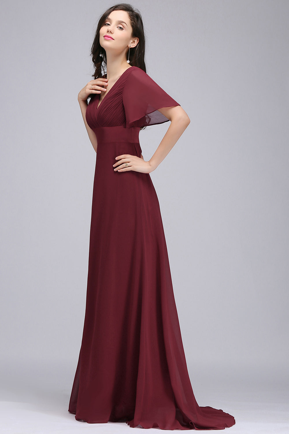 Affordable V-Neck Ruffle Long Burgundy Bridesmaid Dress With Short-Sleeves-27dress