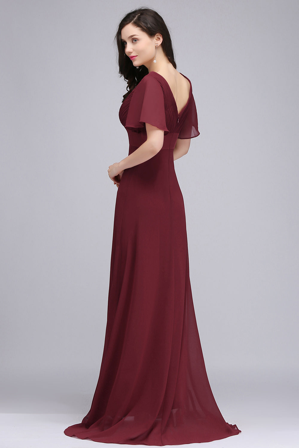 Affordable V-Neck Ruffle Long Burgundy Bridesmaid Dress With Short-Sleeves-27dress