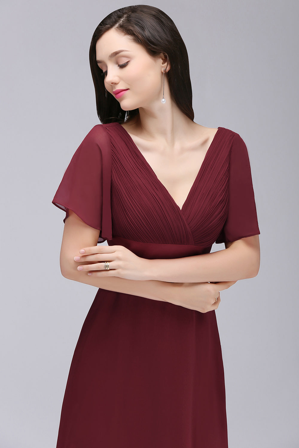 Affordable V-Neck Ruffle Long Burgundy Bridesmaid Dress With Short-Sleeves-27dress