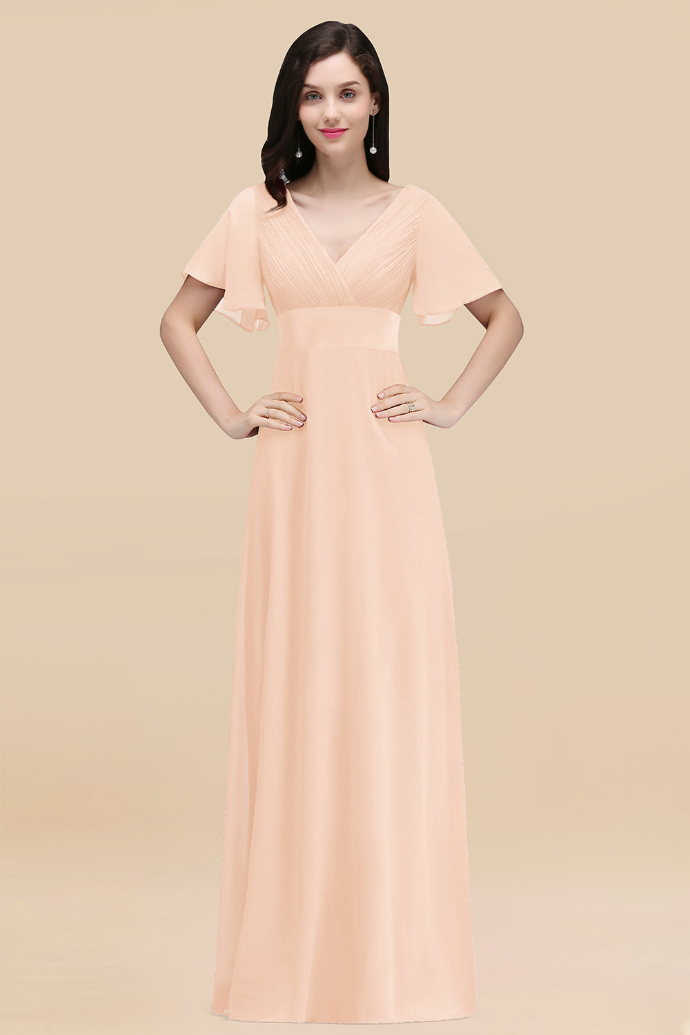 Affordable V-Neck Ruffle Long Burgundy Bridesmaid Dress With Short-Sleeves-27dress