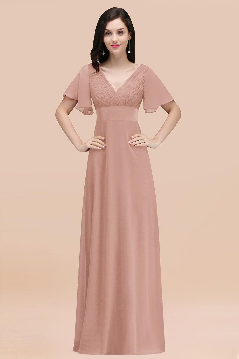 Affordable V-Neck Ruffle Long Burgundy Bridesmaid Dress With Short-Sleeves-27dress