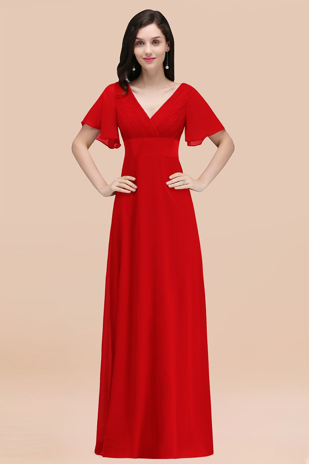 Affordable V-Neck Ruffle Long Burgundy Bridesmaid Dress With Short-Sleeves-27dress