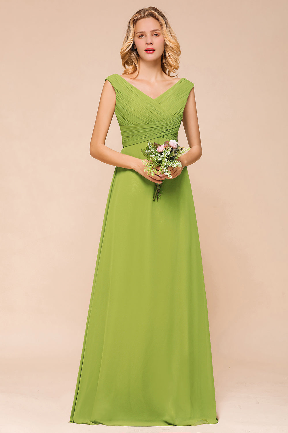 Affordable V-Neck Sleeveless Green Chiffon Bridesmaid Dress Online-27dress