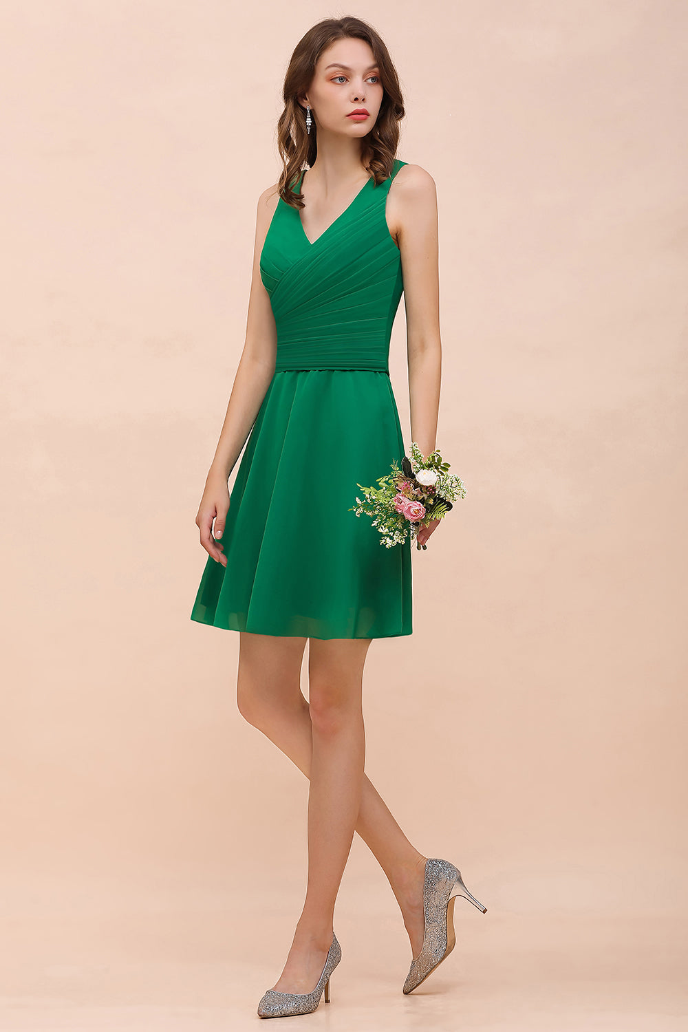 Affordable V-Neck Sleeveless Ruffle Short Bridesmaid Dress-27dress