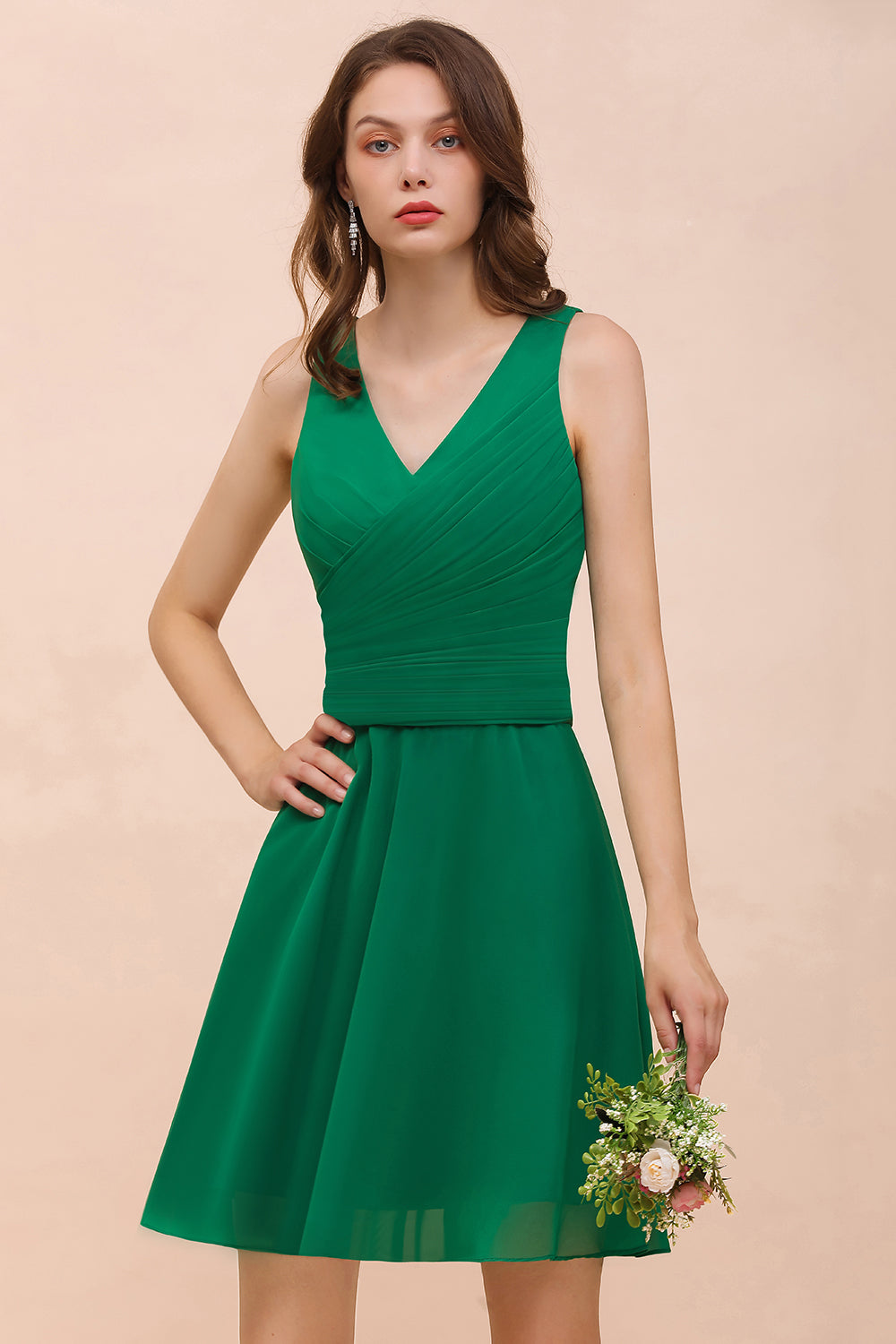 Affordable V-Neck Sleeveless Ruffle Short Bridesmaid Dress-27dress