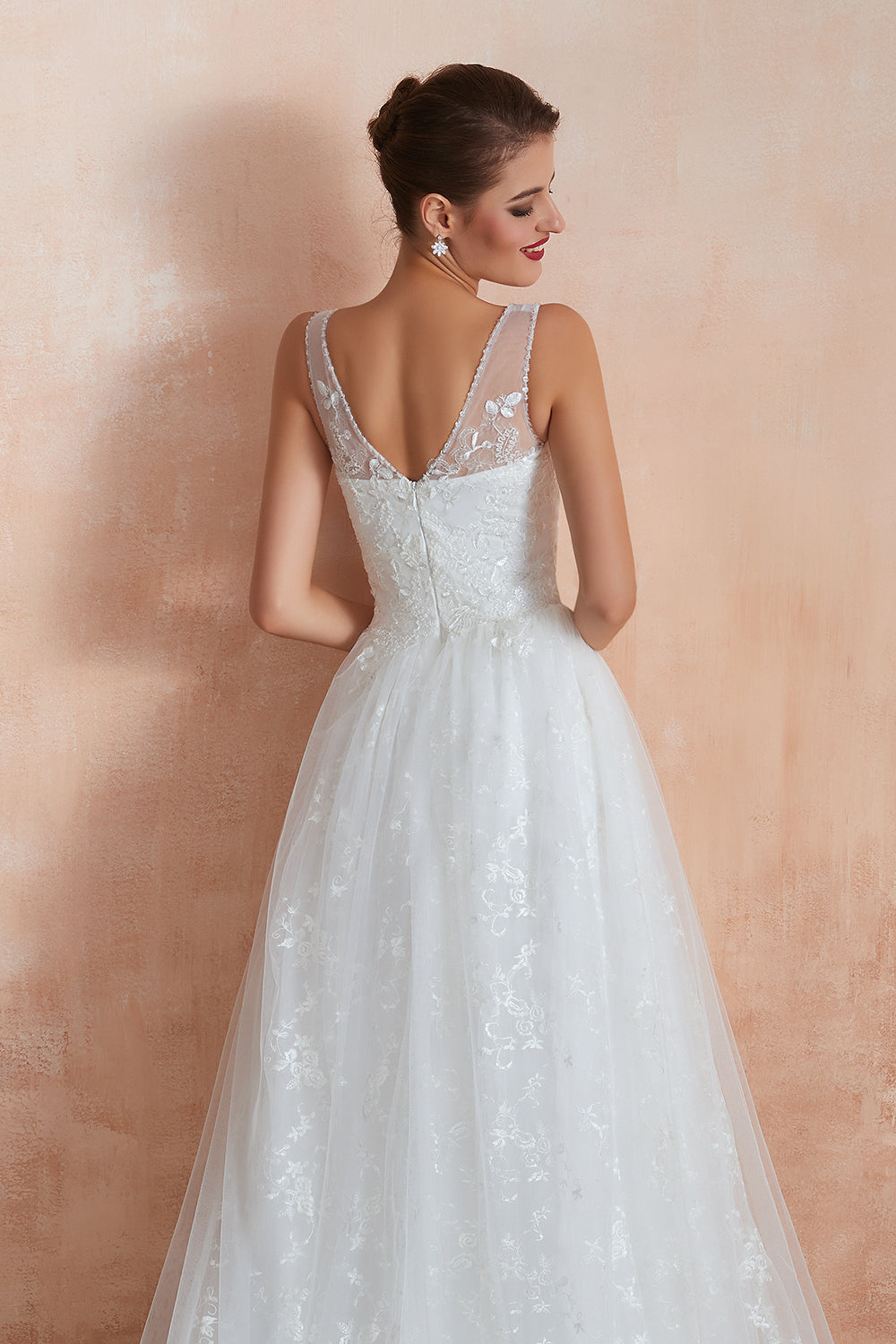 Affordable V-Neck Tulle Lace Long White Wedding Dresses Online-27dress