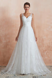 Affordable V-Neck Tulle Lace Long White Wedding Dresses Online-27dress