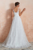 Affordable V-Neck Tulle Lace Long White Wedding Dresses Online-27dress