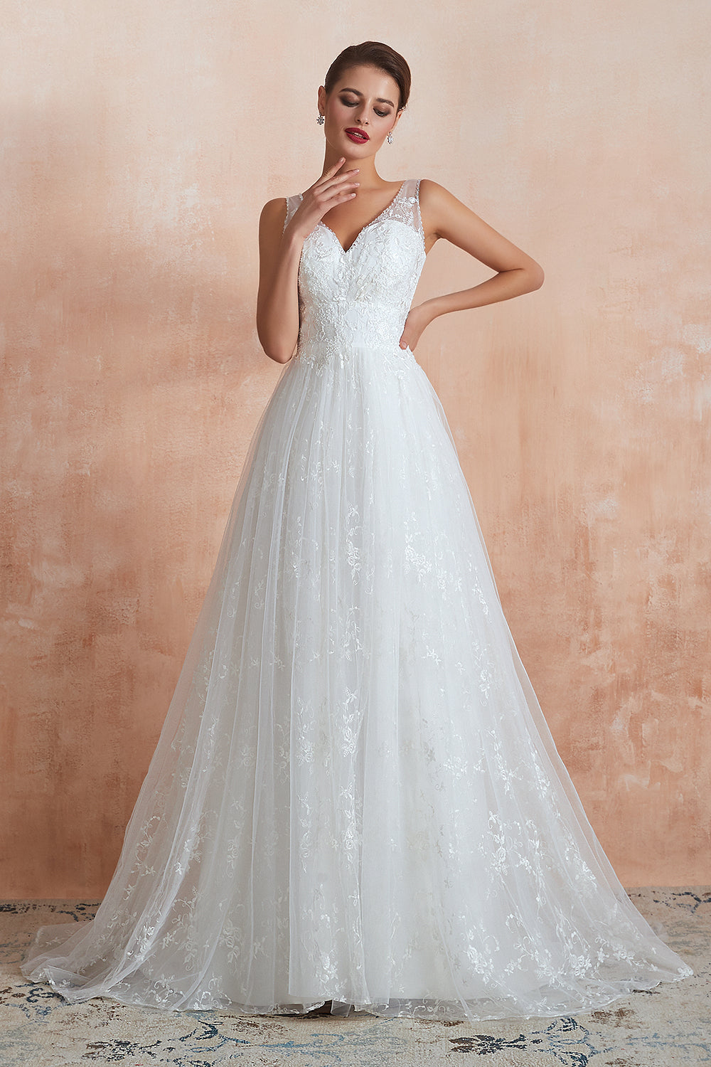 Affordable V-Neck Tulle Lace Long White Wedding Dresses Online-27dress