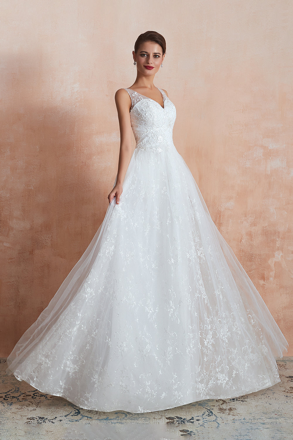 Affordable V-Neck Tulle Lace Long White Wedding Dresses Online-27dress