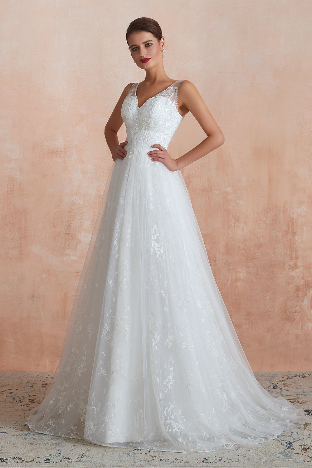 Affordable V-Neck Tulle Lace Long White Wedding Dresses Online-27dress