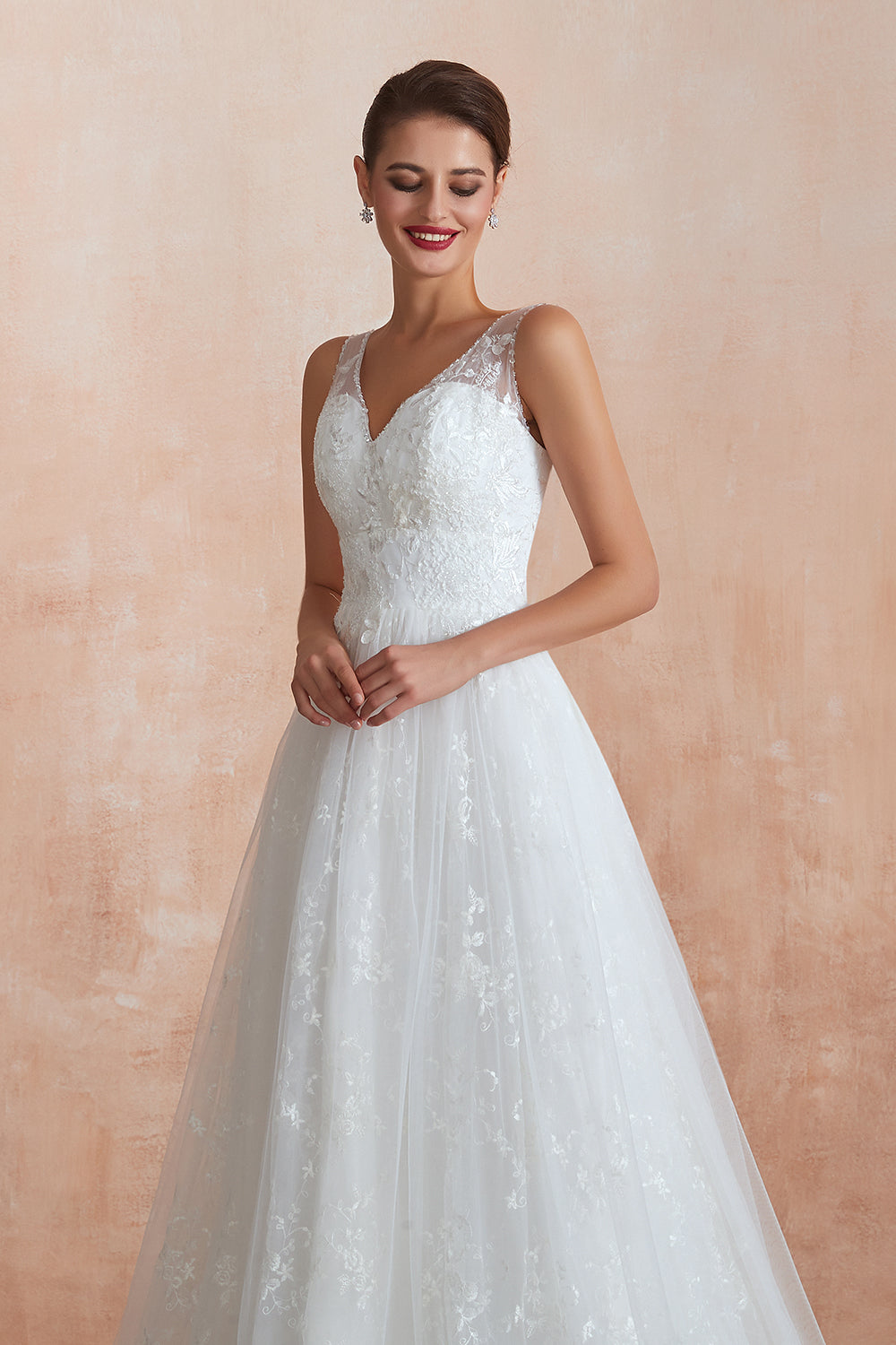 Affordable V-Neck Tulle Lace Long White Wedding Dresses Online-27dress