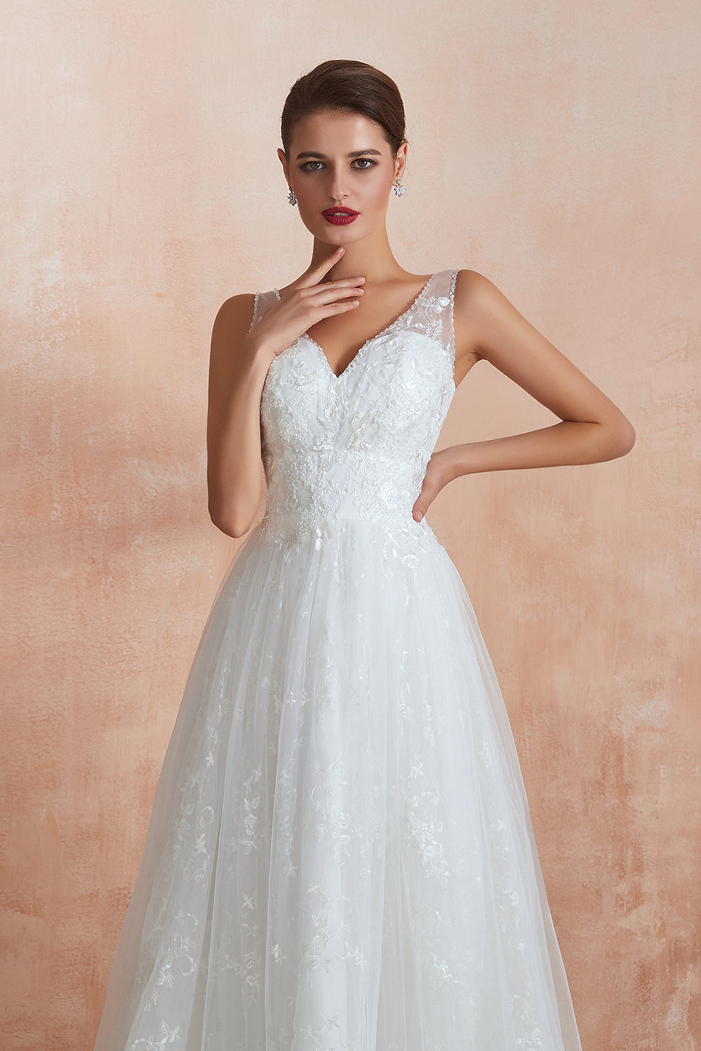 Affordable V-Neck Tulle Lace Long White Wedding Dresses Online-27dress