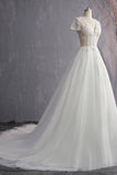 Affordable V-Neck White Tulle Wedding Dress Short Sleeves Lace Appliques Bridal Gowns with Beadings-27dress