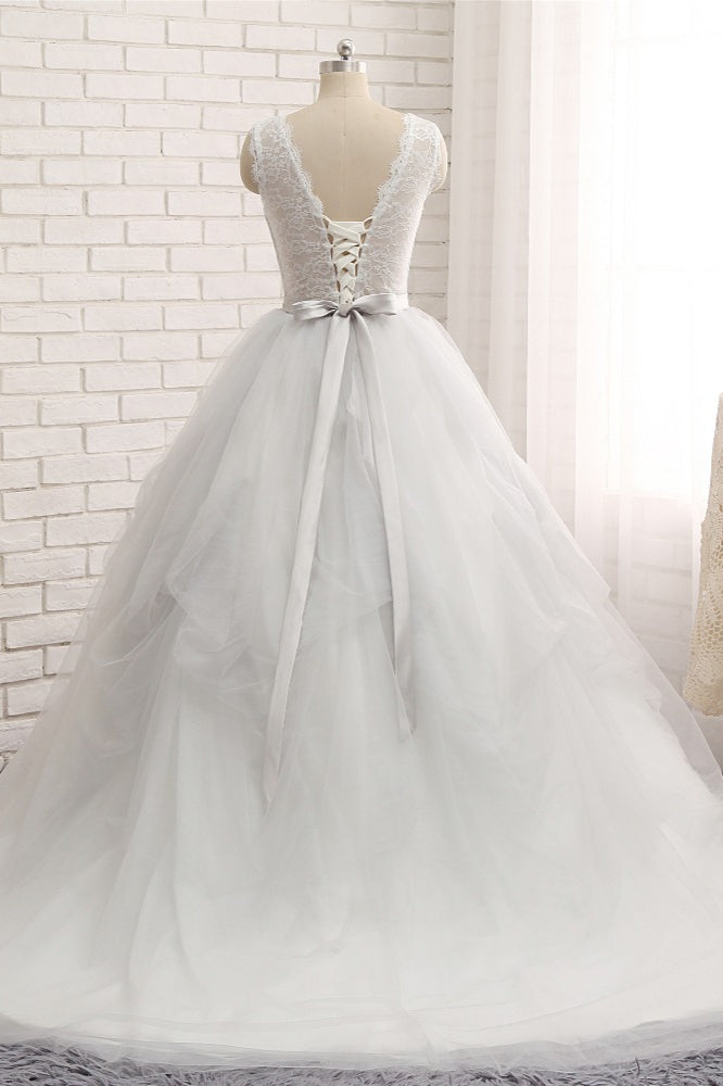 Affordable White Sleeveless Tulle Wedding Dresses With Appliques A-line Jewel Bridal Gowns Online-27dress