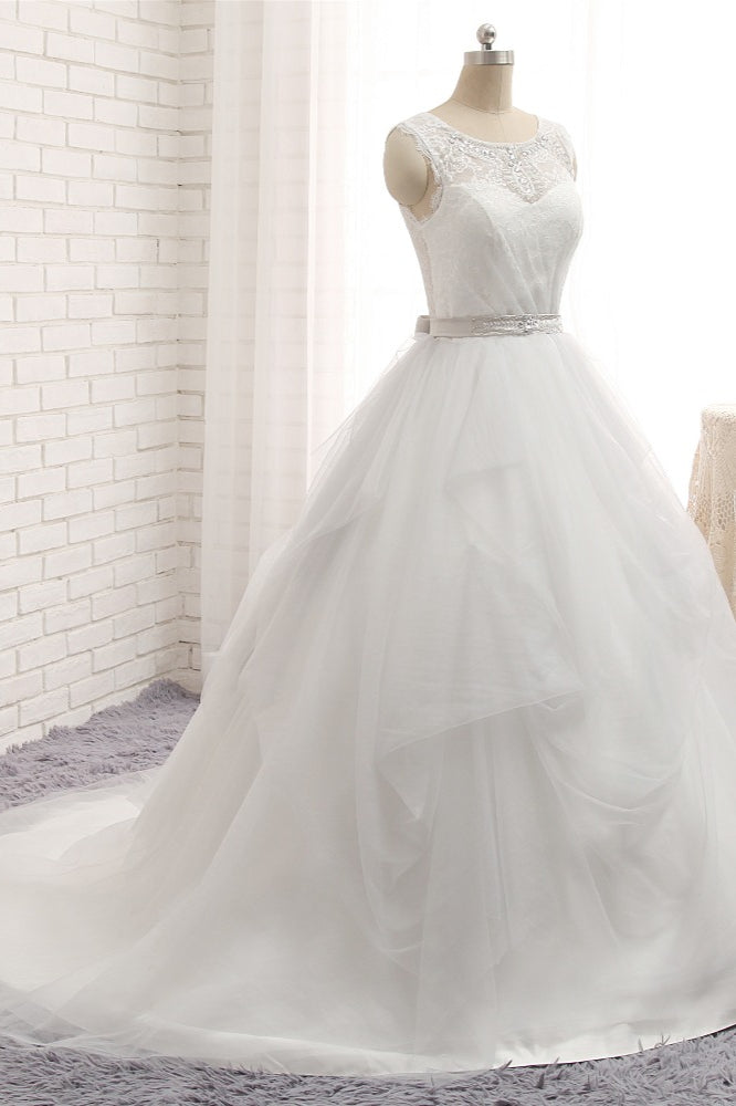 Affordable White Sleeveless Tulle Wedding Dresses With Appliques A-line Jewel Bridal Gowns Online-27dress