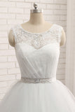 Affordable White Sleeveless Tulle Wedding Dresses With Appliques A-line Jewel Bridal Gowns Online-27dress