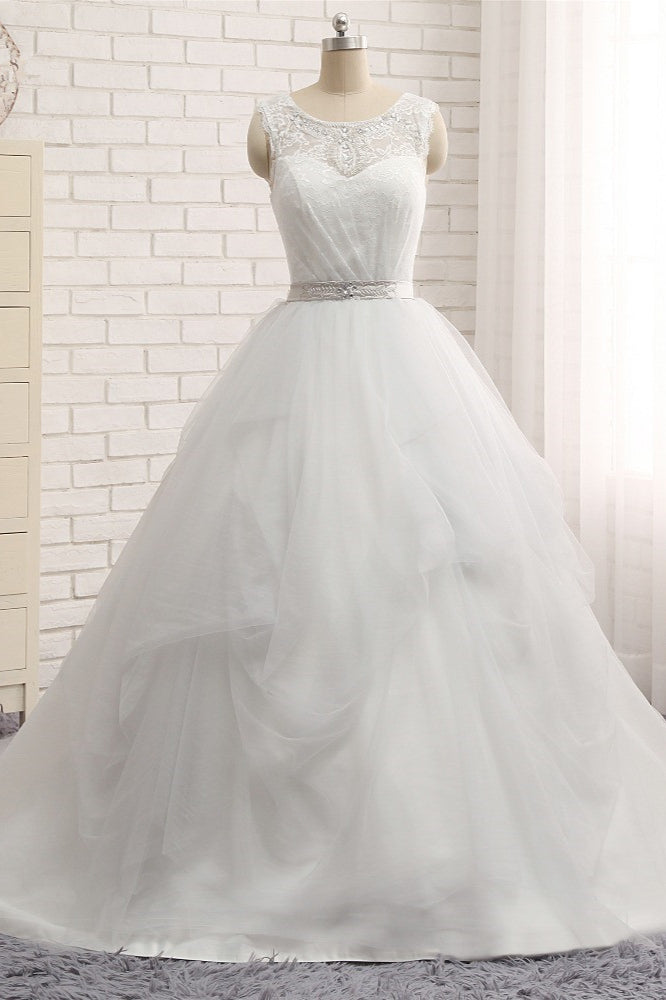 Affordable White Sleeveless Tulle Wedding Dresses With Appliques A-line Jewel Bridal Gowns Online-27dress