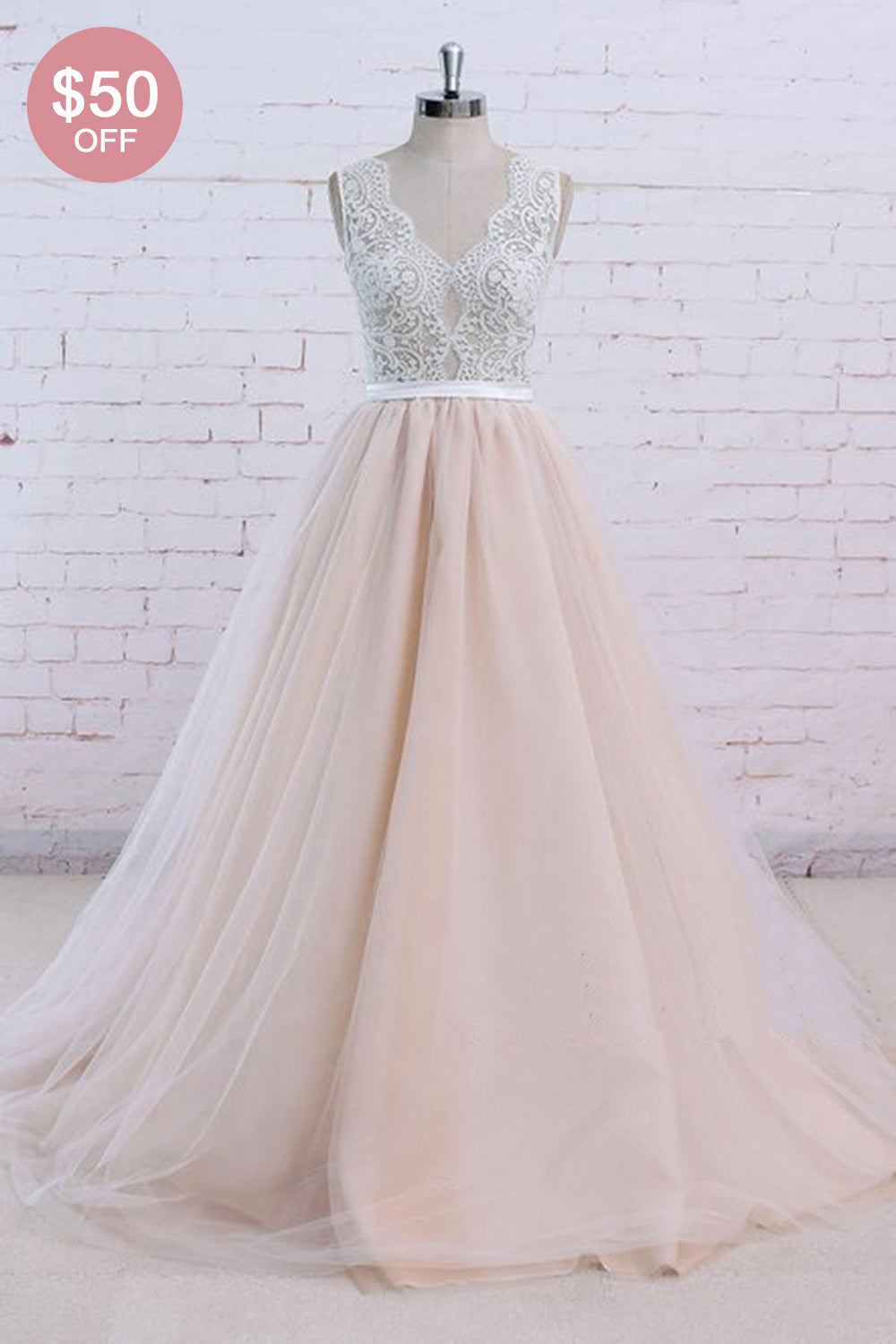 AffordableBlush Pink Tulle Wedding Dress Ivory Lace V-Neck Vintage Bridal Gowns On Sale-27dress