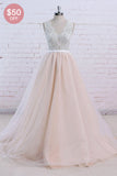 AffordableBlush Pink Tulle Wedding Dress Ivory Lace V-Neck Vintage Bridal Gowns On Sale-27dress