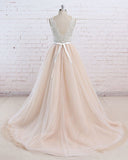 AffordableBlush Pink Tulle Wedding Dress Ivory Lace V-Neck Vintage Bridal Gowns On Sale-27dress