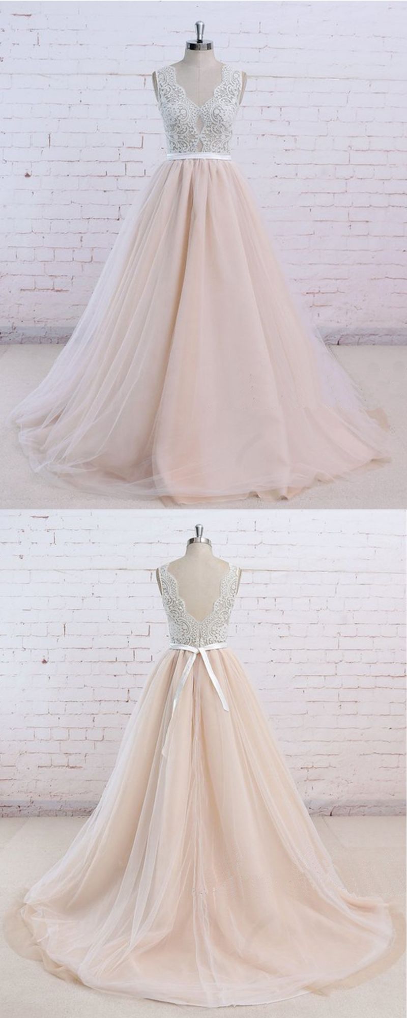 AffordableBlush Pink Tulle Wedding Dress Ivory Lace V-Neck Vintage Bridal Gowns On Sale-27dress