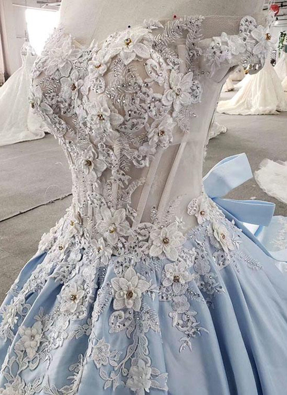 AffordableLight Blue Satin Sweep Train Wedding Dress Off Shoulder Sleeveless Bridal Gowns On Sale-27dress