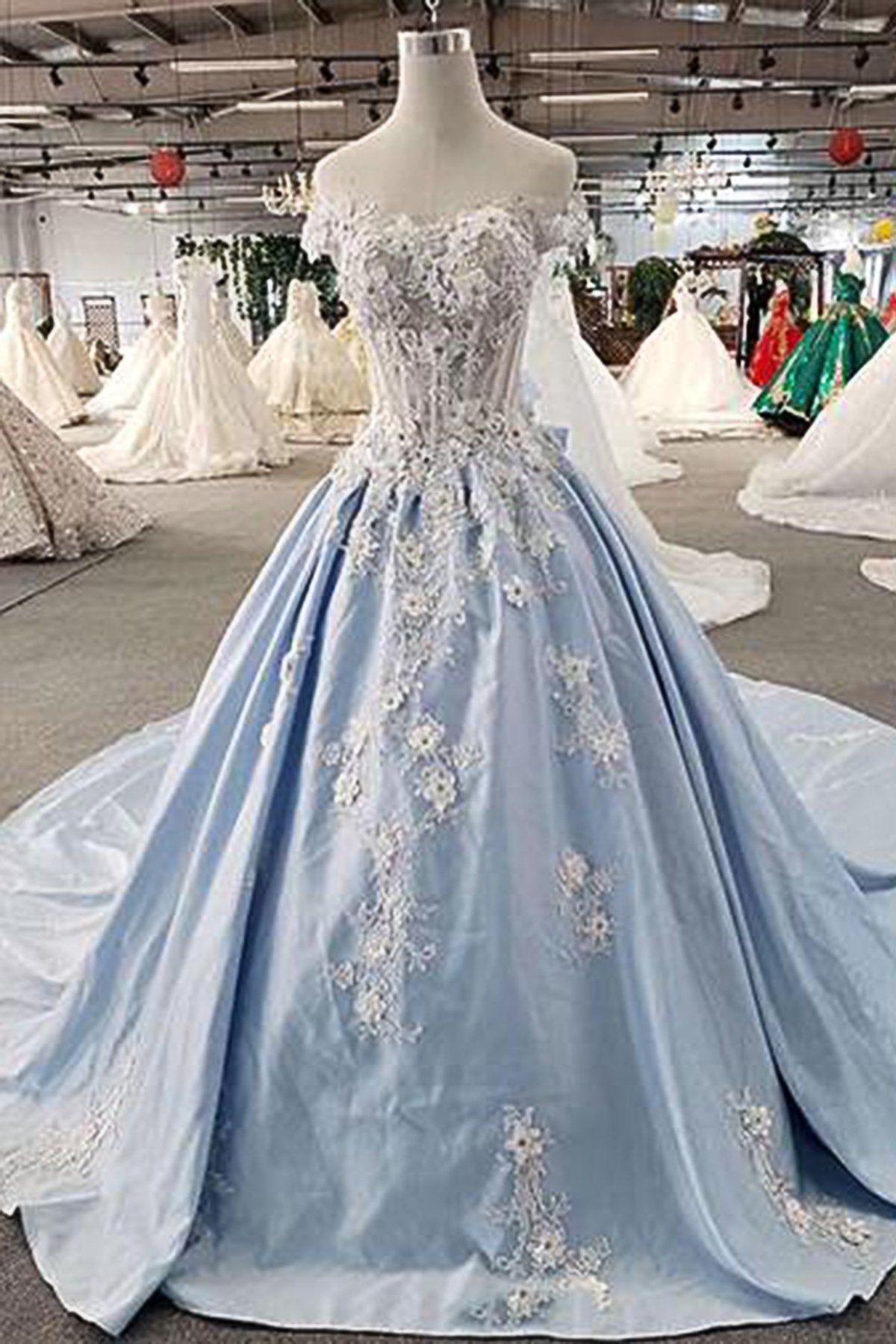 AffordableLight Blue Satin Sweep Train Wedding Dress Off Shoulder Sleeveless Bridal Gowns On Sale-27dress