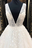 AffordableWhite Tulle V-Neck Long Wedding Dress A-Line Applqiues Bridal Gowns On Sale-27dress