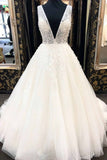 AffordableWhite Tulle V-Neck Long Wedding Dress A-Line Applqiues Bridal Gowns On Sale-27dress