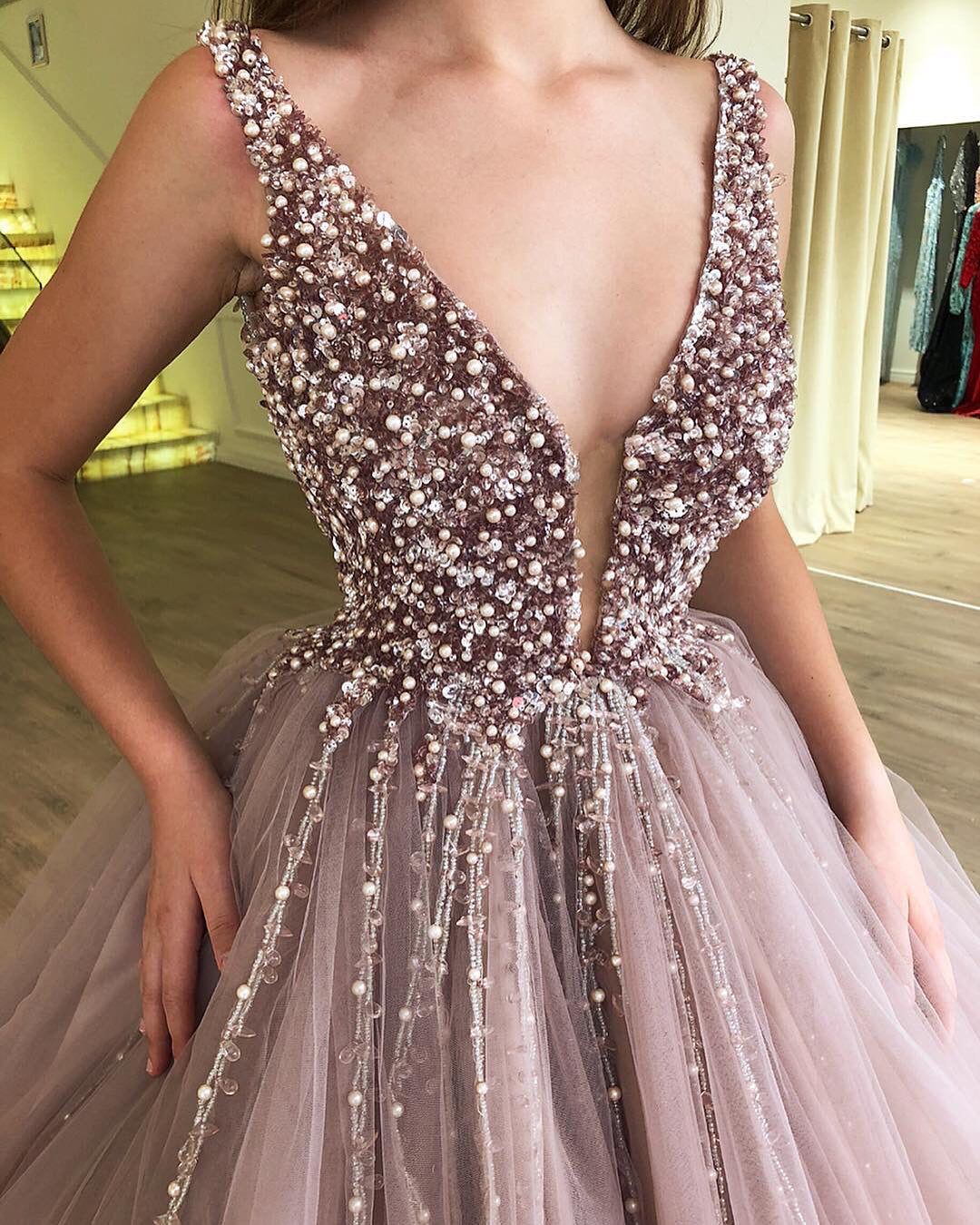 Amazing Long Ball Gown V-neck Tulle Prom Dress with Beading-27Dress