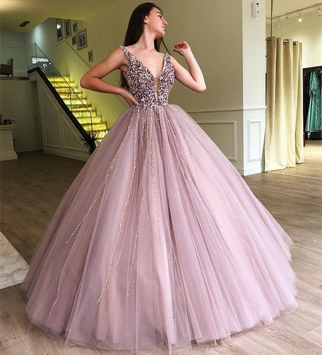 Amazing Long Ball Gown V-neck Tulle Prom Dress with Beading-27Dress