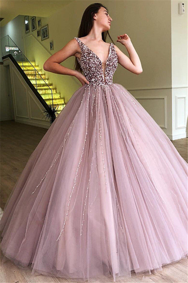 Amazing Long Ball Gown V-neck Tulle Prom Dress with Beading-27Dress