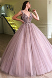 Amazing Long Ball Gown V-neck Tulle Prom Dress with Beading-27Dress